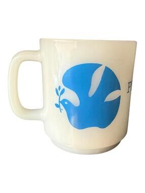 Vintage Glasbake Peace Sign & Dove Milk Glass Coffee Mug